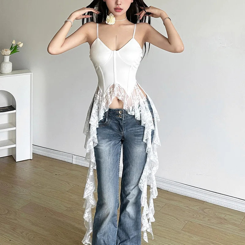MEXZT Y2K Irregular White Tank Top Women Sexy Lace Ruffles Backless Black Corset Summer Gyaru Streetwear Grunge Bandage Camis Aviola