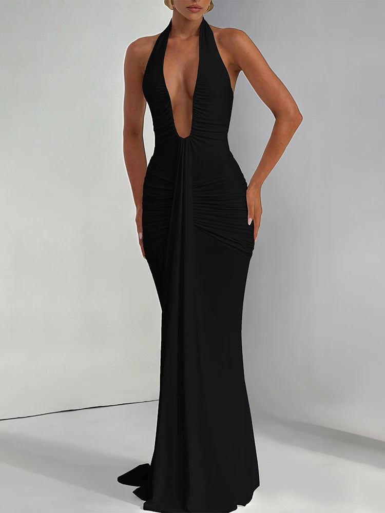 Nibber Sexy Backless Tassel Dress Women Peach Buttock Pleated Patchwork Solid Halter Sleeveless Midnight Clubwear Party Vestidos Aviola