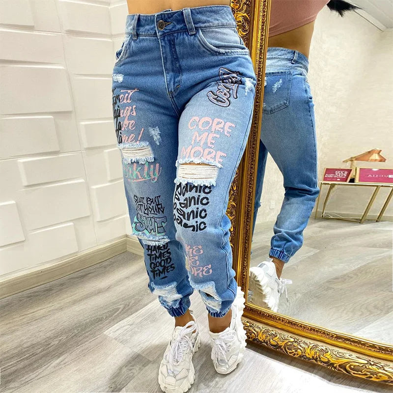Women Denim Jeans Ankle Length Print Holes Pencil Pants Pockets Washing Slim Basics Zipper Fly Spring Flat Slight Strech Aviola