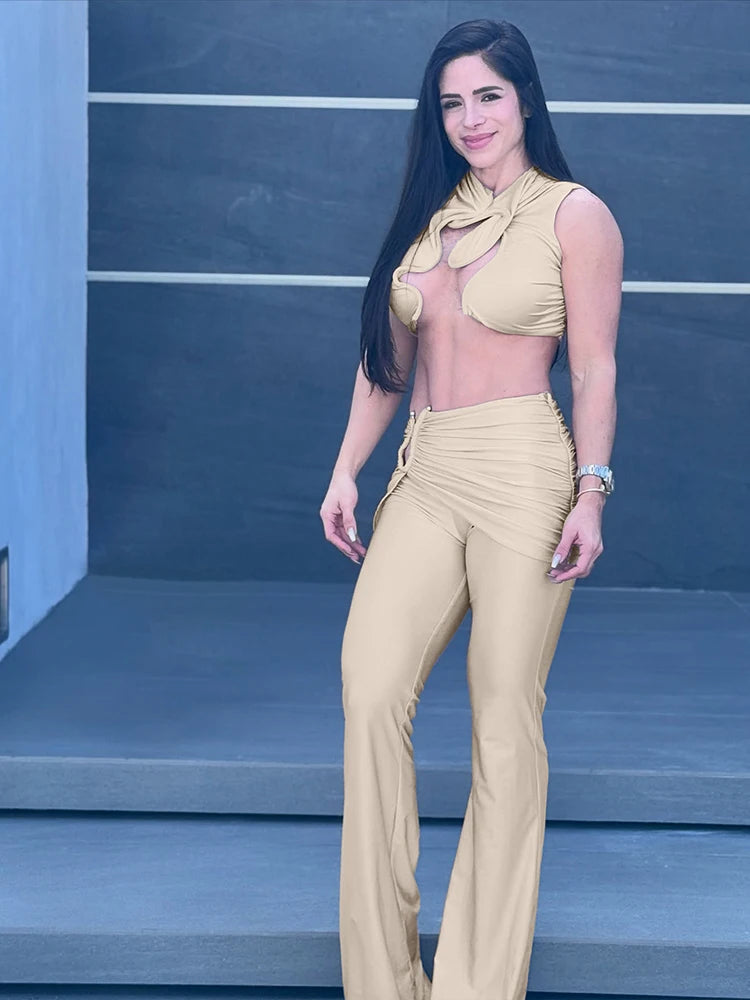 Nibber Solid Stunning Matching 2 Piece Set Women Simple Sliky Shape Mini Tanks+Shirring Pants Female Trend Sexy Street Suits Aviola