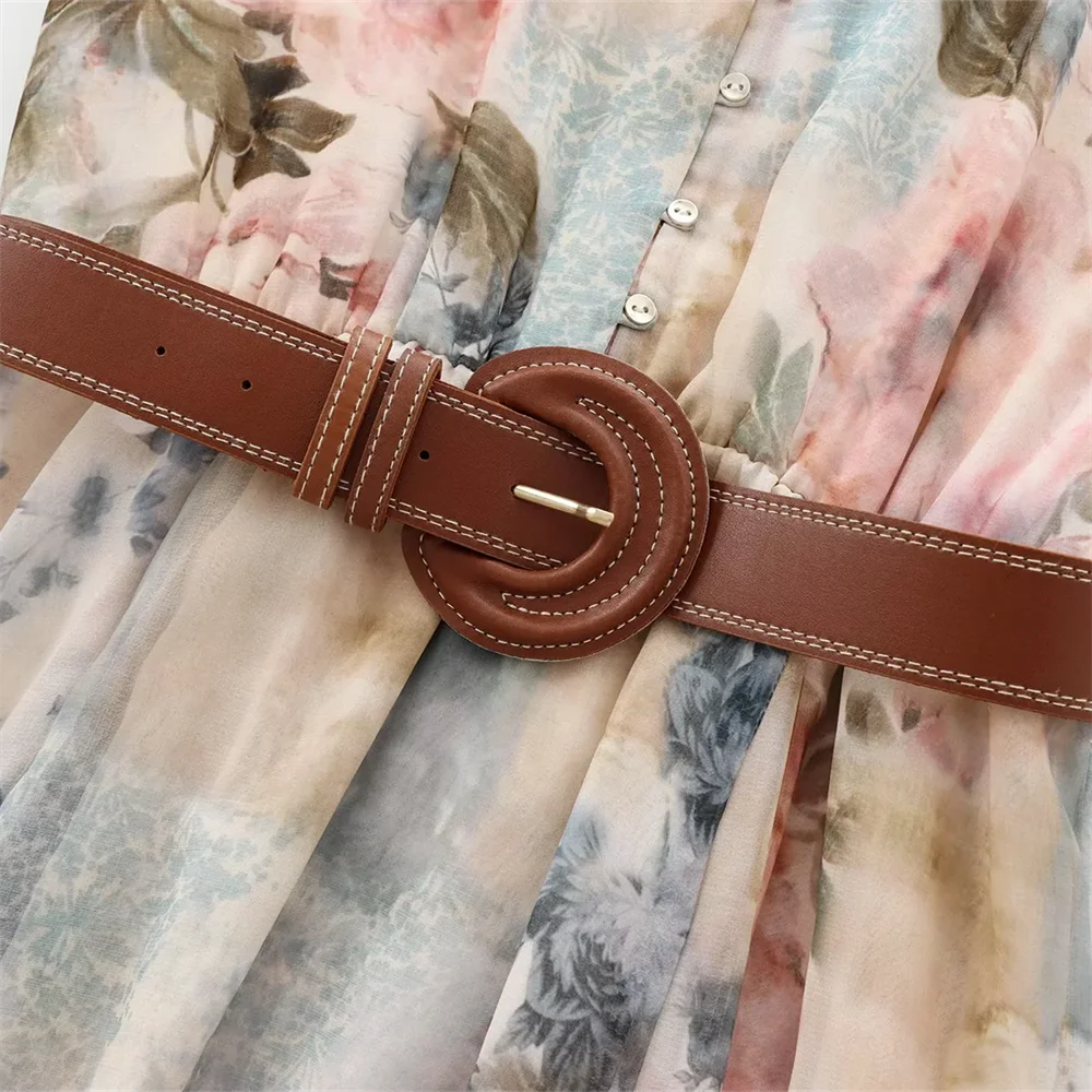 BM&MD&ZA2025Flower Print V-Neck Long Sleeve Loose Casual Dress with Belt Long Skirt Summer New Arrivals Women's Clothing Aviola