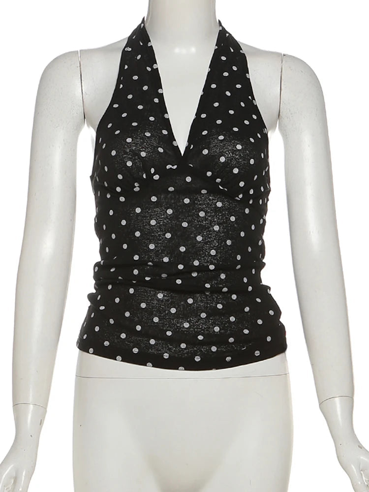 Nibber See Through Vests Women v-Neck Halter Bandage Backless Polka Dot Print Street Sexy Daily Skinny Fashion Hot Chick Tops Aviola