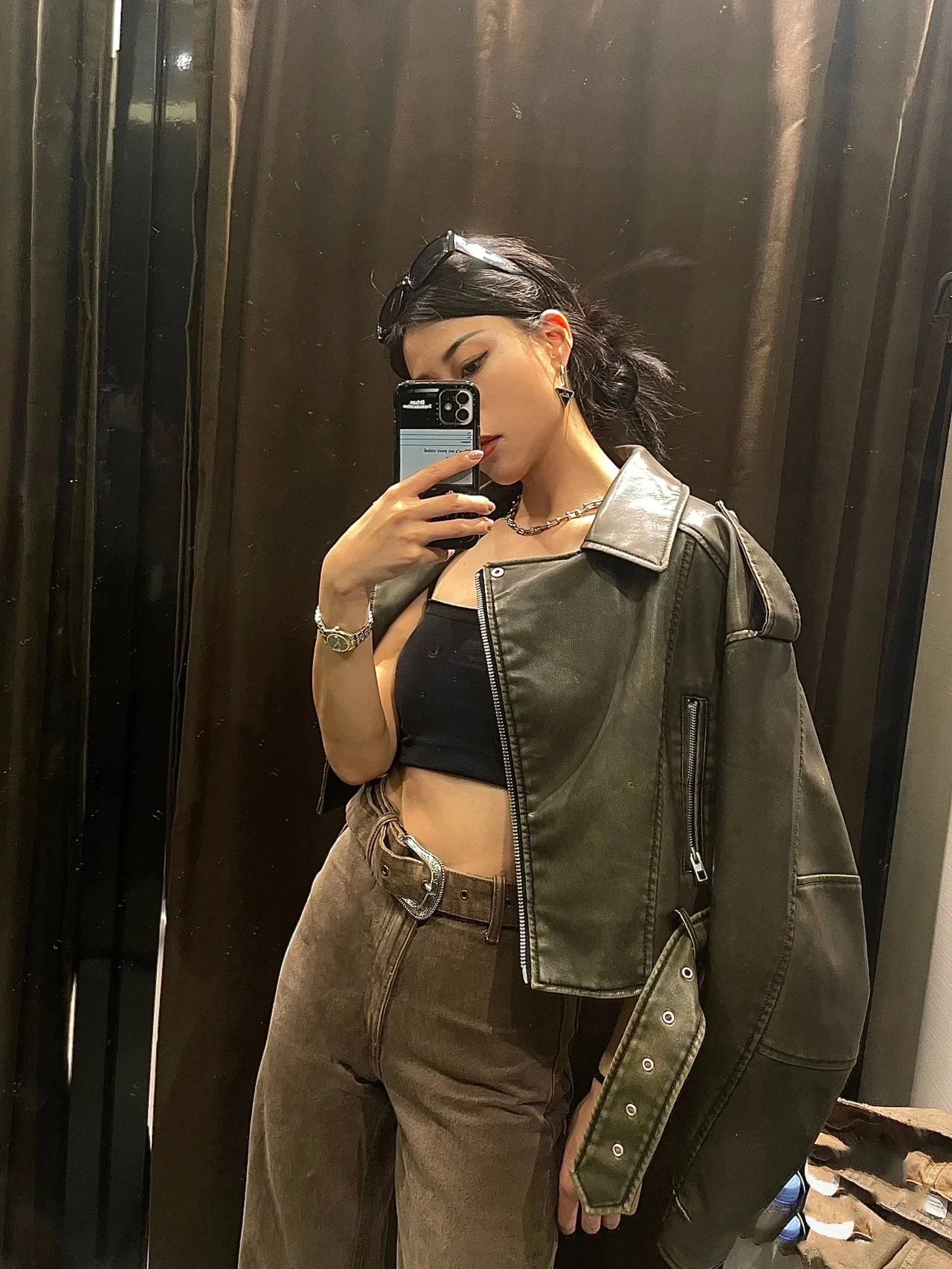 RARF Women's new vintage wash to do old short lapel long sleeve loose pu imitation leather jacket coat Aviola