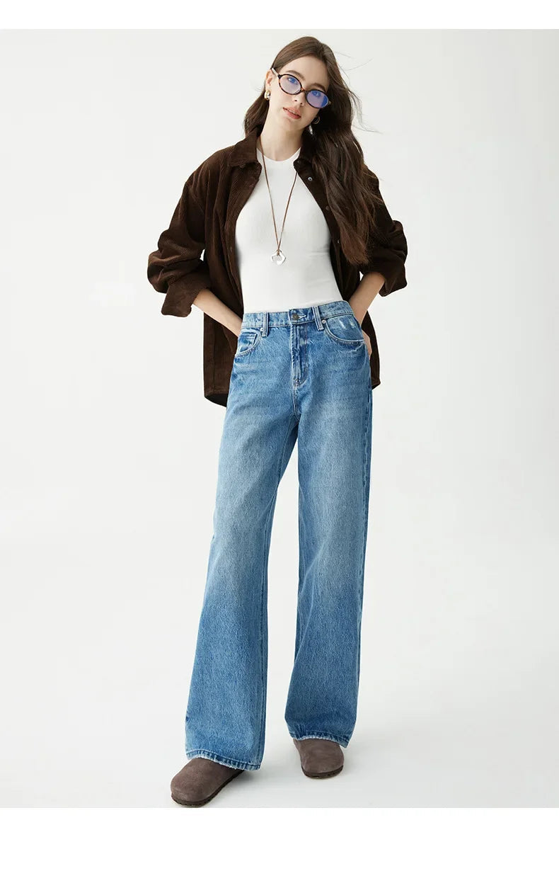 Denim Wide Leg Pants Women Jeans Floor Length High Waist Mom Jenas Washed Pockets Vintage Straight Trousers 2025 Streetwear Aviola