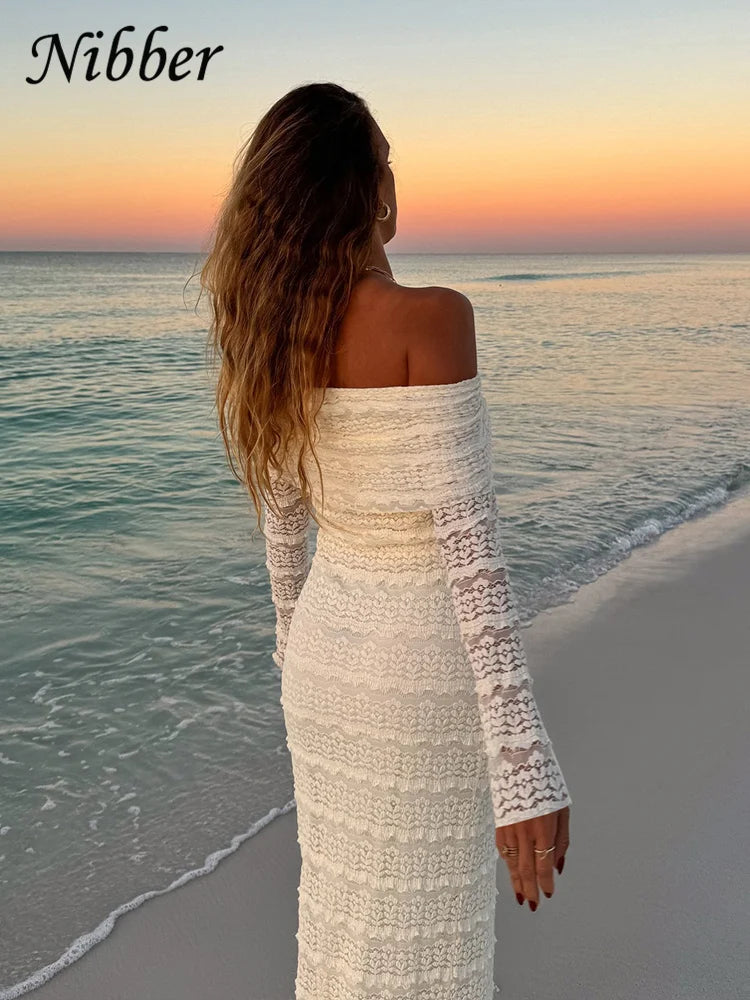 Nibber Jacquard Vacation Dress Women Lapel Slash Neck Backless See Through Full Sleeve Beach Party Elegant Chic Long Bodycon Aviola