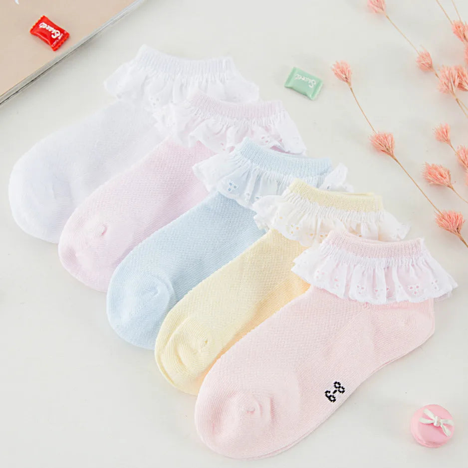 5 pcs Spring/Summer Children's socks Lace socks Summer thin mesh socks Pure cotton baby boat socks Girls Princess socks Aviola