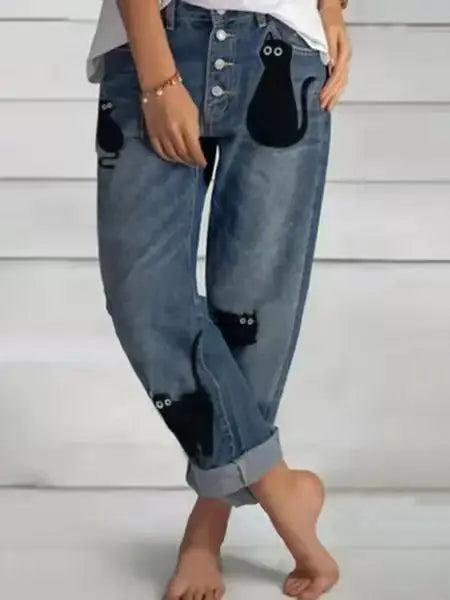Women Jeans Solid Color Straight Pants Zipper Fly Flat Pockets Streetwear Loose Fit Mid Waist Patchwork Button Autumn 2023 Aviola