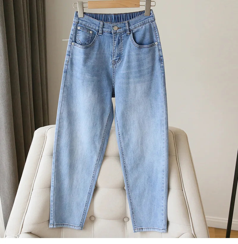 Bleached Jean Ankle Length Straight Denim Pants Women Harem Jeans Pockets Mid Waist Loose Fit Casual Solid Washed 2024 Aviola