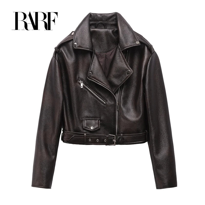 Dark brown Coal graysty le Women's washed leather jacket with belt, short coat with downgraded zipper and vintage lapel jacket Aviola