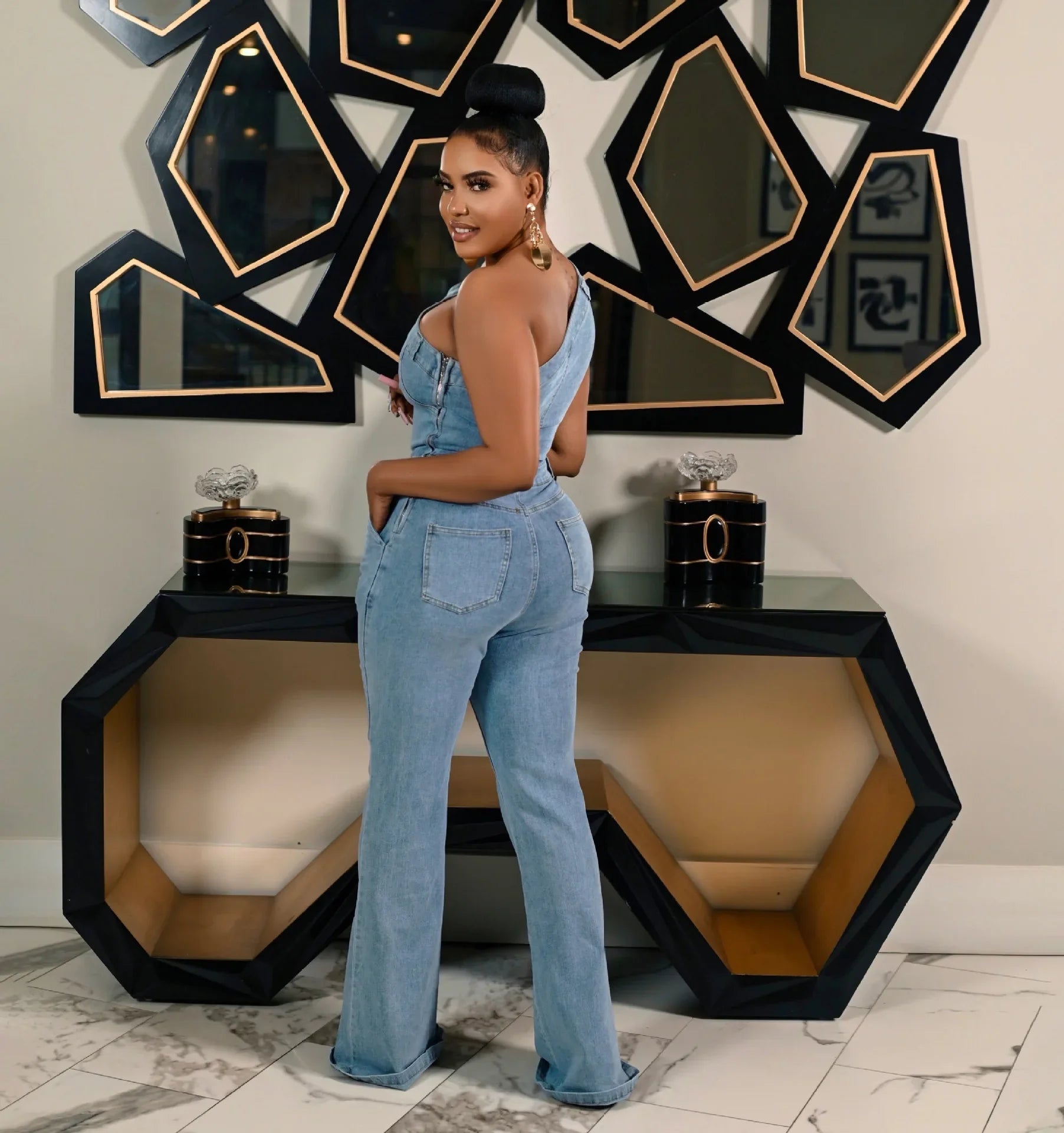 Flare Denim Pants Full Length Women Jeans One Piece Overalls Spliced Solid Jumpsuits Loose Pockets High Waist Basics Washed Aviola