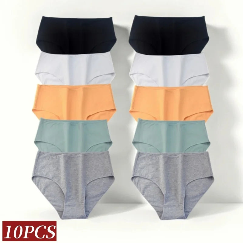10Pcs/Set Cotton Panties Women Comfort Briefs Female High Waist Underwear Underpants Solid Color Intimates M-2XL Aviola