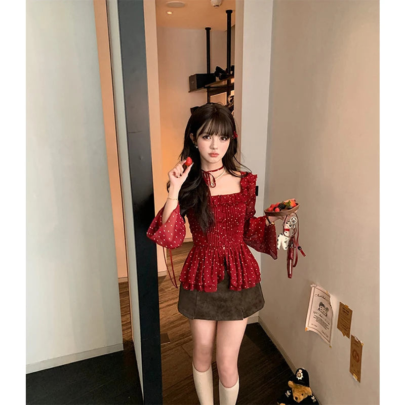 MEXZT Vintage Polka Dots Shirts Women Elegant Red Ruffles Lace Up Blouses Summer Korean Square Collar Long Sleeve Design Tops Aviola