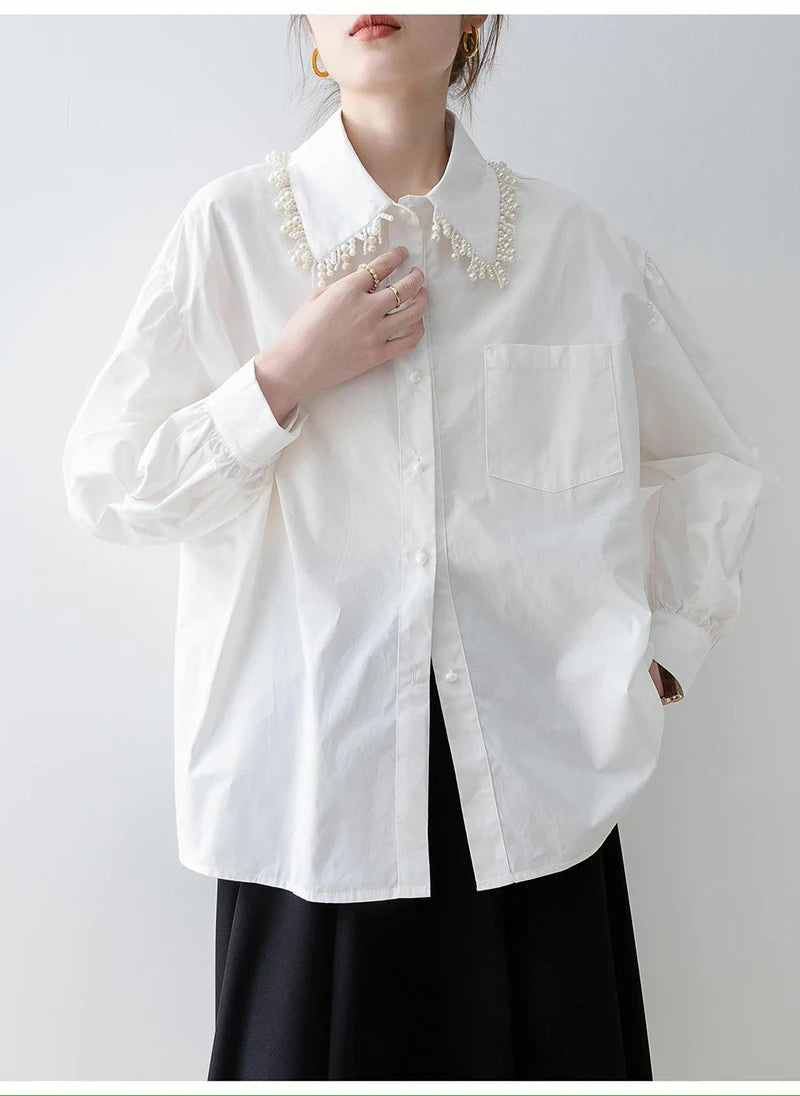 MEXZT Elegant White Shirts Women Fashion Beading Patchwork Blouses Office Ladies Korean Long Sleeve Pocket Design Casual Tops Aviola