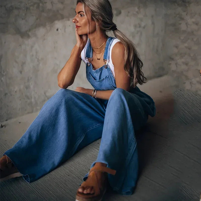 Pocket Design Wide Leg Suspender Denim Jumpsuit for Women Overall Cowboy BibSquare Neck Daily Regular Fit Sleeveless Summer Fall Aviola