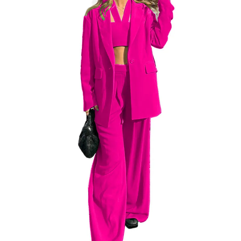 Women Tracksuit Three Pieces Set Turn Down Collar Cardigan Single Button Solid Outerwear Pockets Wide Leg Pants Office Lady Aviola