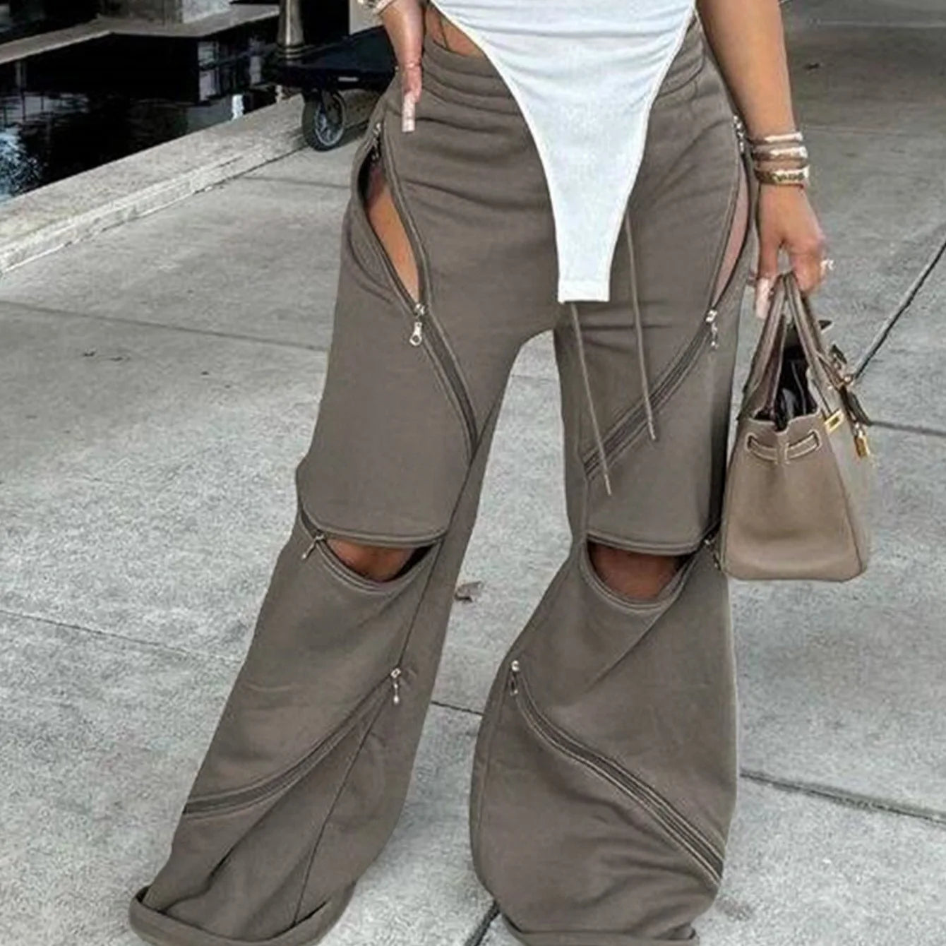 Women Boot Cut Pants Mid Waist Zipper Trousers Drawstring Pant Casual Office Lady Loose Long 2025 Summer Capris Y2k Streetwear Aviola