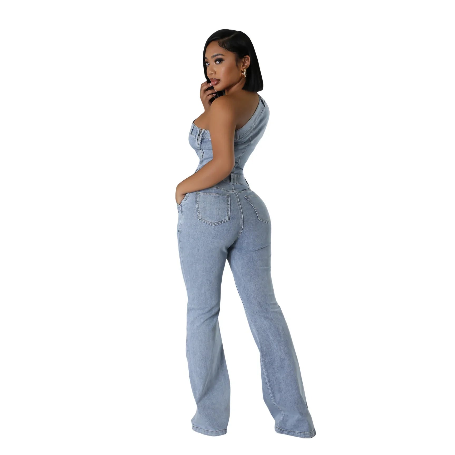 Flare Denim Pants Full Length Women Jeans One Piece Overalls Spliced Solid Jumpsuits Loose Pockets High Waist Basics Washed Aviola