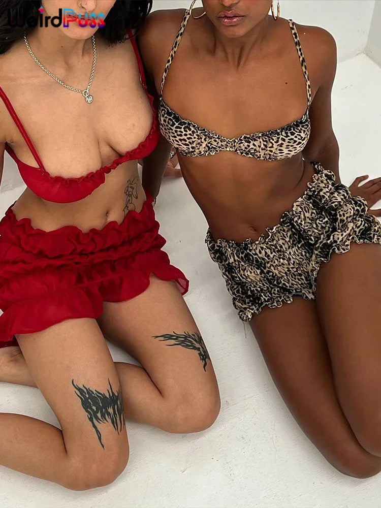 nibber Sexy Leopard Print Women 2 Piece Set Y2K See Through Summer Ruffles Camisole+Shorts Vacation Matching Clubwear Outfits Aviola