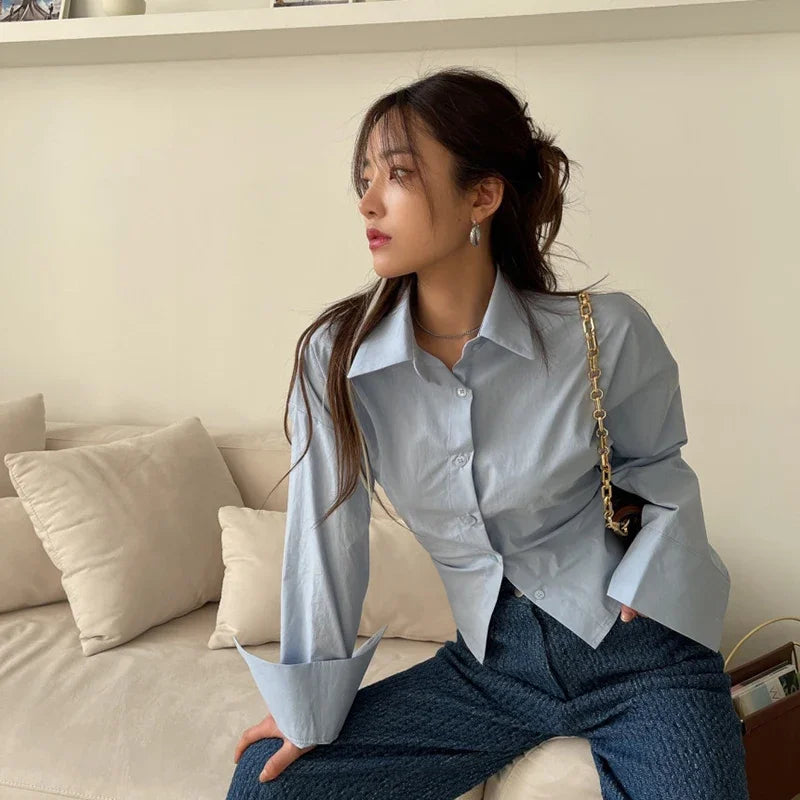 MEXZT Korean Long Sleeve Shirt Women Sexy Strap Backless Chic Blouse Office Lady Slim Lace Up Turn Down Collar Casual Top Aviola