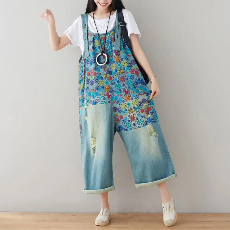 Jean Women Overalls Washed Denim Bleached Wide Leg Pants Hole Ripped Ankle Length Jeans Distressed Pockets Print Casual Aviola