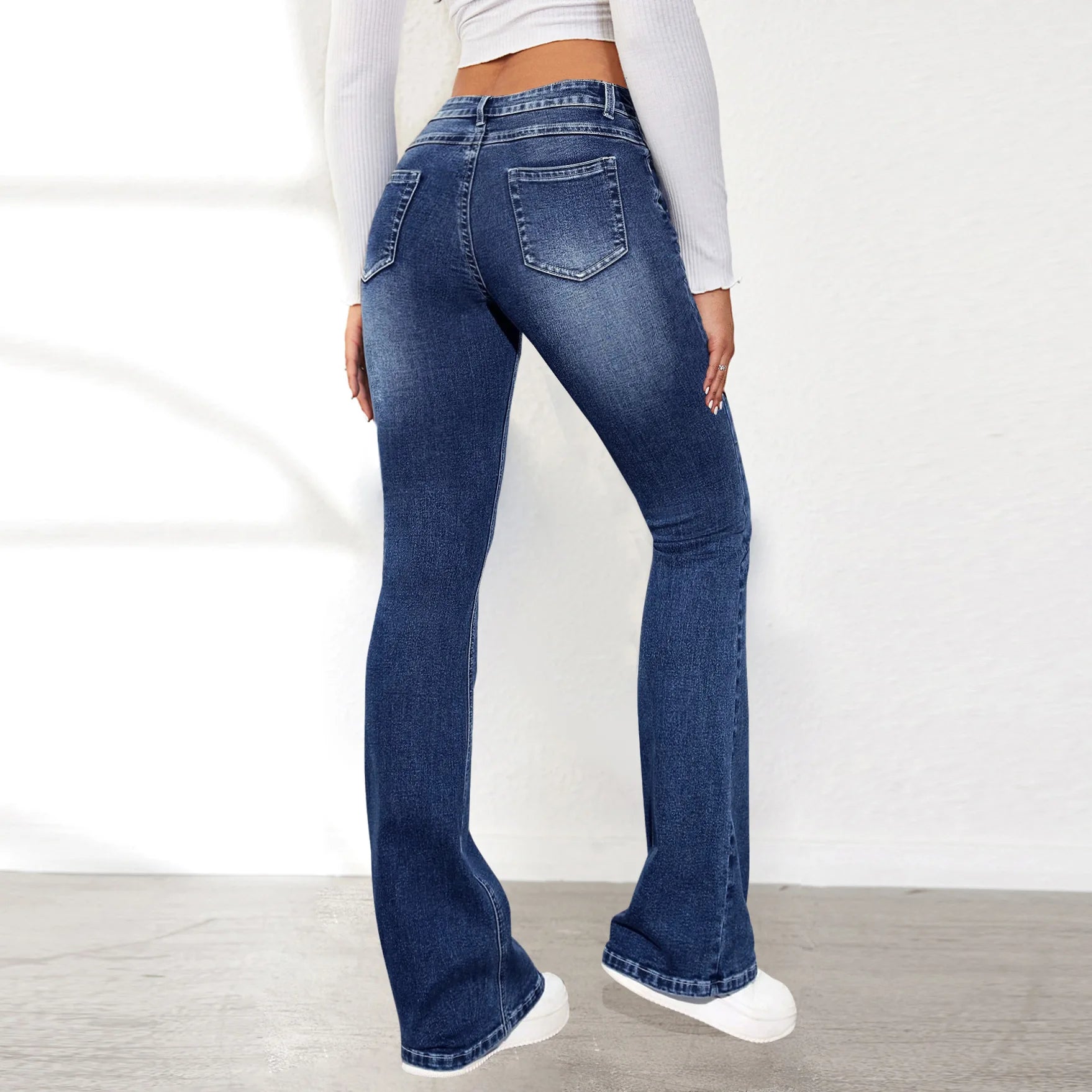 Women Jeans Slim Fit Flare Pants Denim Washing Pockets High Waist Solid Ankle Length Boot Cut Streetwear Casual Zipper Fly Aviola