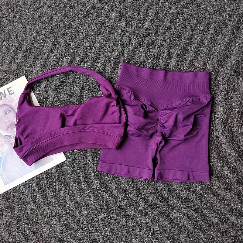 2 Pieces Yoga Suit for Women Seamless Fitness Gym Clothes Halter Sports Bra Matching Impact Shorts Workout Sets Gym Outfit Aviola