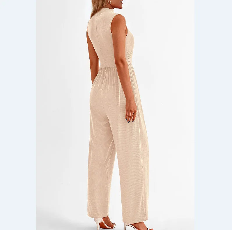 Women Jumpsuits One Piece O Neck Sleeveless Rompers Overalls Solid Wide Leg Pants Pockets High Waist Ankle Length Basics 2025 Aviola