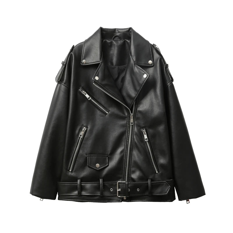 RARF  New 2024 Women's motorcycle leather PU imitation leather loose jacket black jacket Aviola