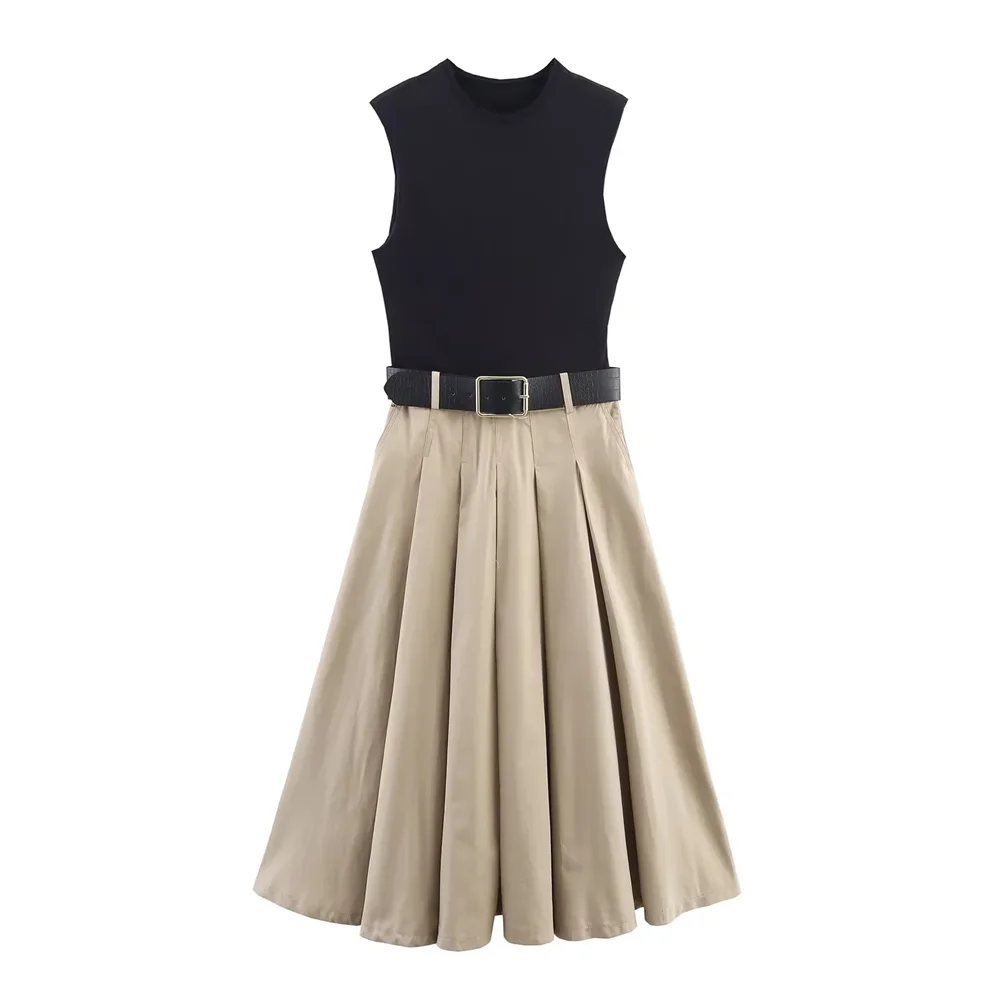 BM&MD&ZA2025fake two-piece contrast color round neck sleeveless with belt pleated skirt dress summer new women's clothing Aviola