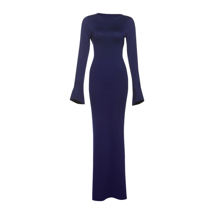 Nibber Elegant Backless Hollow Women Dress Irregular Autumn o-Neck Flare Sleeve Skinny Stretch Robe Casual Simple Long Bodycon Aviola