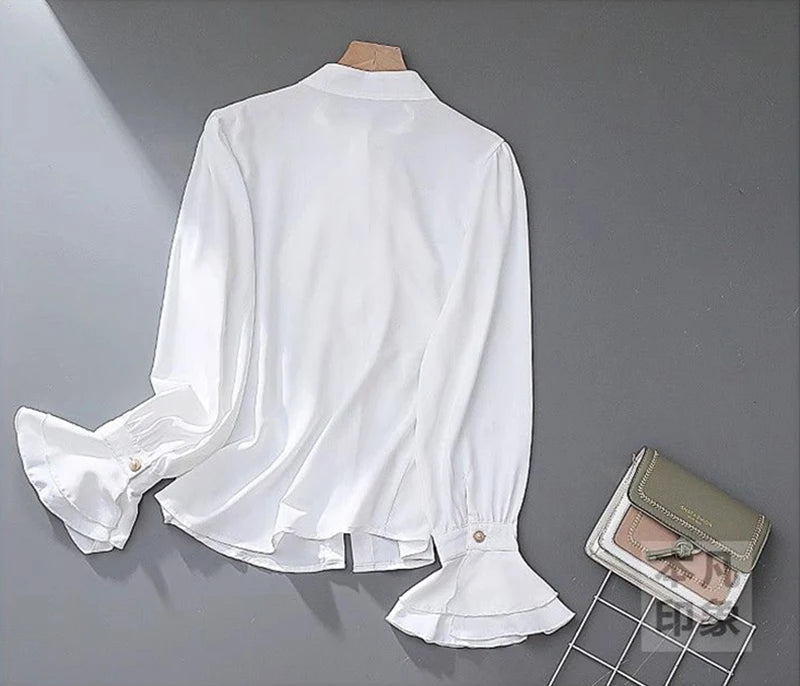 MEXZT Vintage White Shirts Women Elegant Ruffles Flare Long Sleeve Blouses Office Ladies Korean Single Breasted Design Chic Tops Aviola
