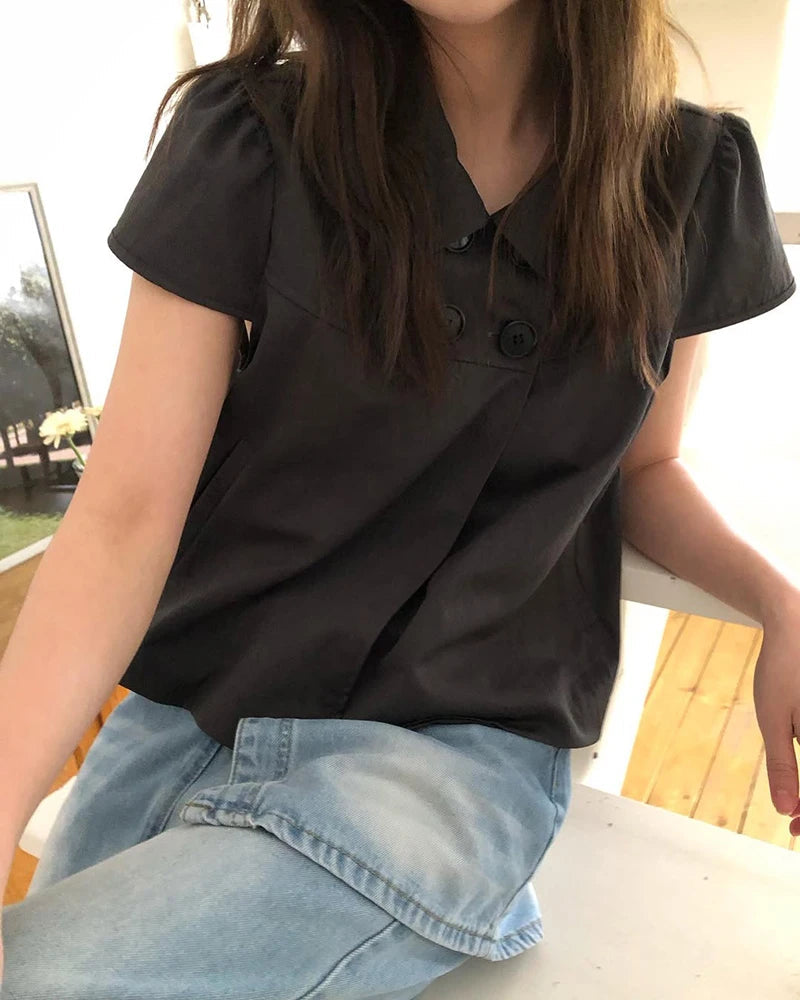 MEXZT Vintage Black Shirts Women Japanese Harajuku White Cropped Puff Short Sleeve Blouses Summer Korean Casual Design Tops New Aviola