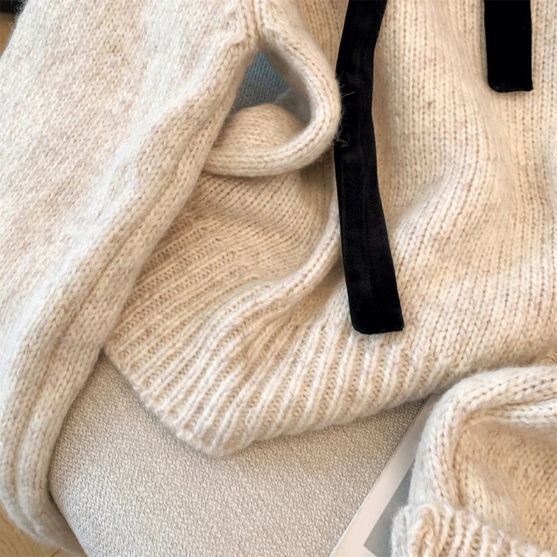 MEXZT Vintage Bow Sweater Women Streetwear Velvet Patchwork Knitted Pullovers Long Sleeve Knitwears Winter Korean Casual Jumpers Aviola