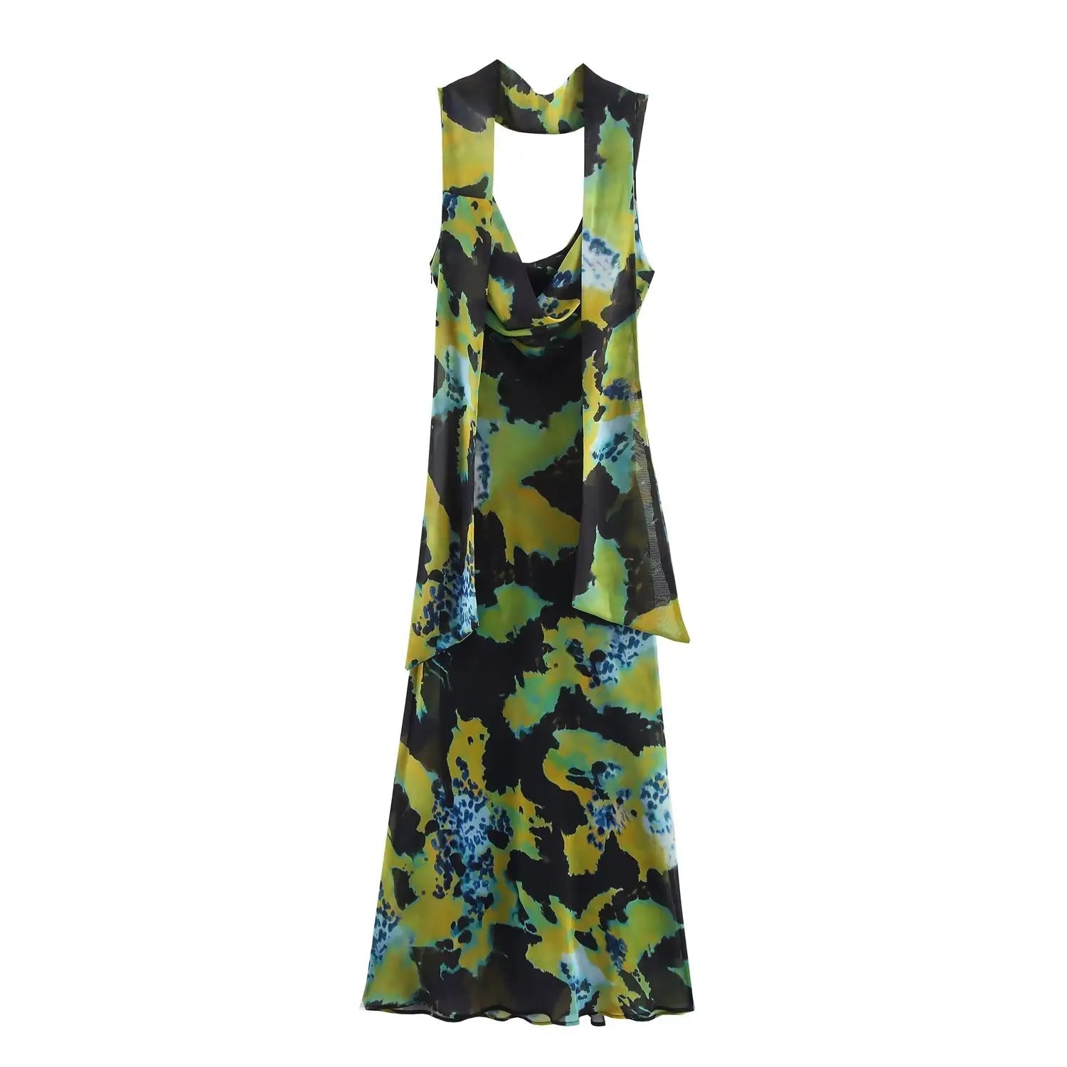 BM&MD&ZA2025 Women's Summer New Scarf Decorated Elegant Sexy Cowl Neck Sleeveless Wide Strap Long Printed Chiffon Dress Aviola