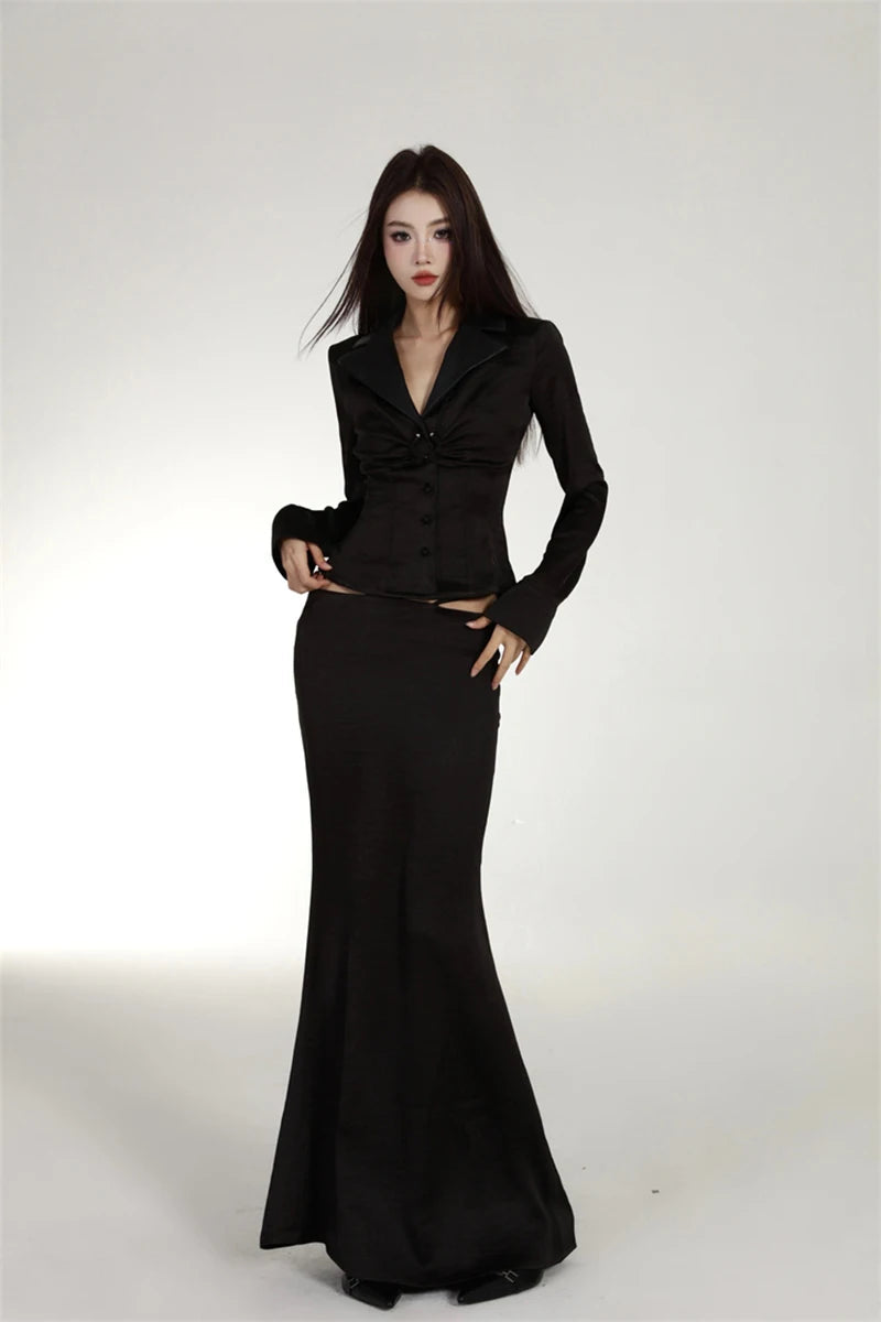 MEXZT Vintage Black Shirts Women Elegant Cropped Satin Long Sleeve Blouses Office Ladies Korean Turn Down Collar Design Tops New Aviola