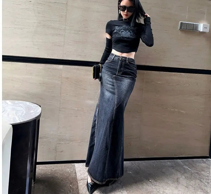 Maxi Skirt Women Casual Mermaid Streatwear High Waist Zipper Denim Skirts Y2k Streetwear Loose Long Mom Jeans Ankle Lenth Summer Aviola