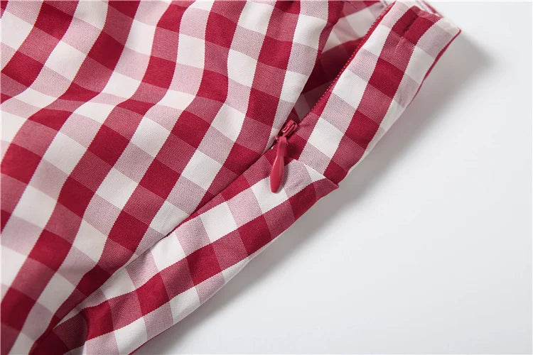 Nibber Red And White Checkered Print Chest Wrap Pleated Fluffy Hem Sleeveless Backless Vacation Versatile Beach Party Trend Tops Aviola