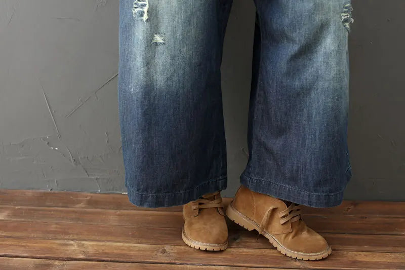 Jean Women Overalls Washed Denim Bleached Wide Leg Pants Hole Ripped Ankle Length Jeans Distressed Pockets Print Casual Aviola
