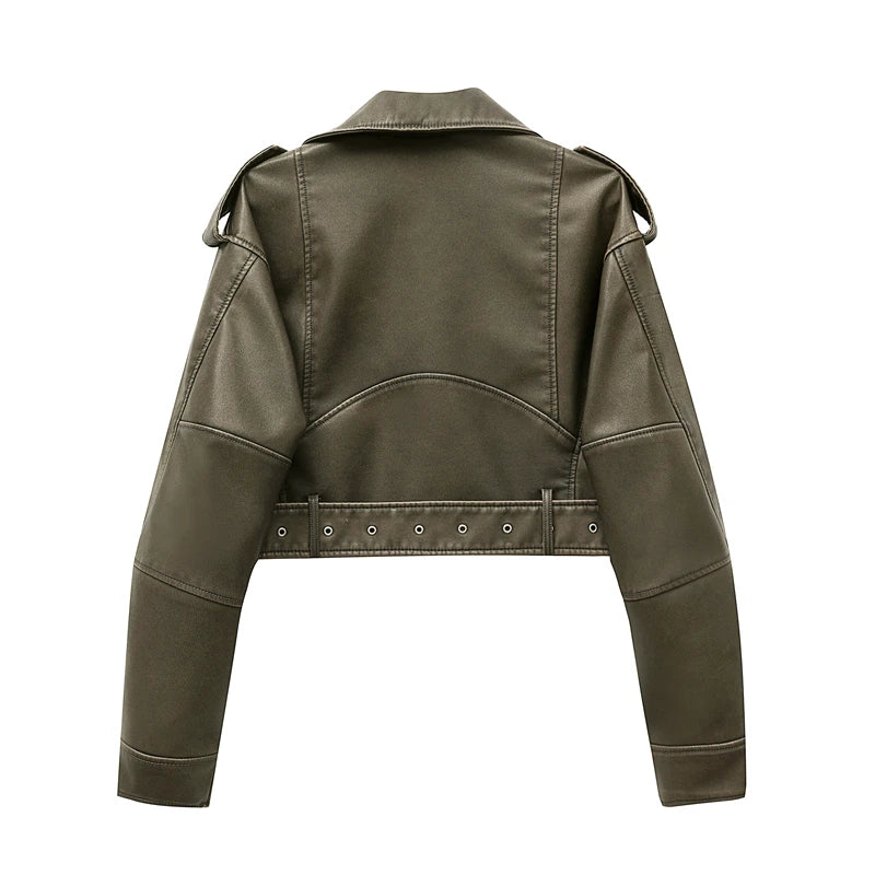 Chaqueta de cuero lavado con cinturón para mujer, abrigo corto con cremallera degradada y cuello vuelto Vintage, chaqueta elegan Aviola