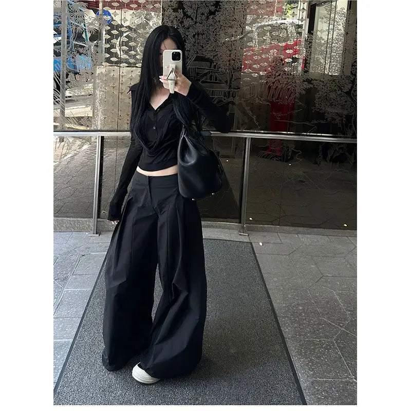 MEXZT Y2K Coquette Black T Shirts Women Sexy Cropped V Neck Sheer Tops Gyaru Aesthetic Korean Fake Two Piece Long Sleeve Tees Aviola