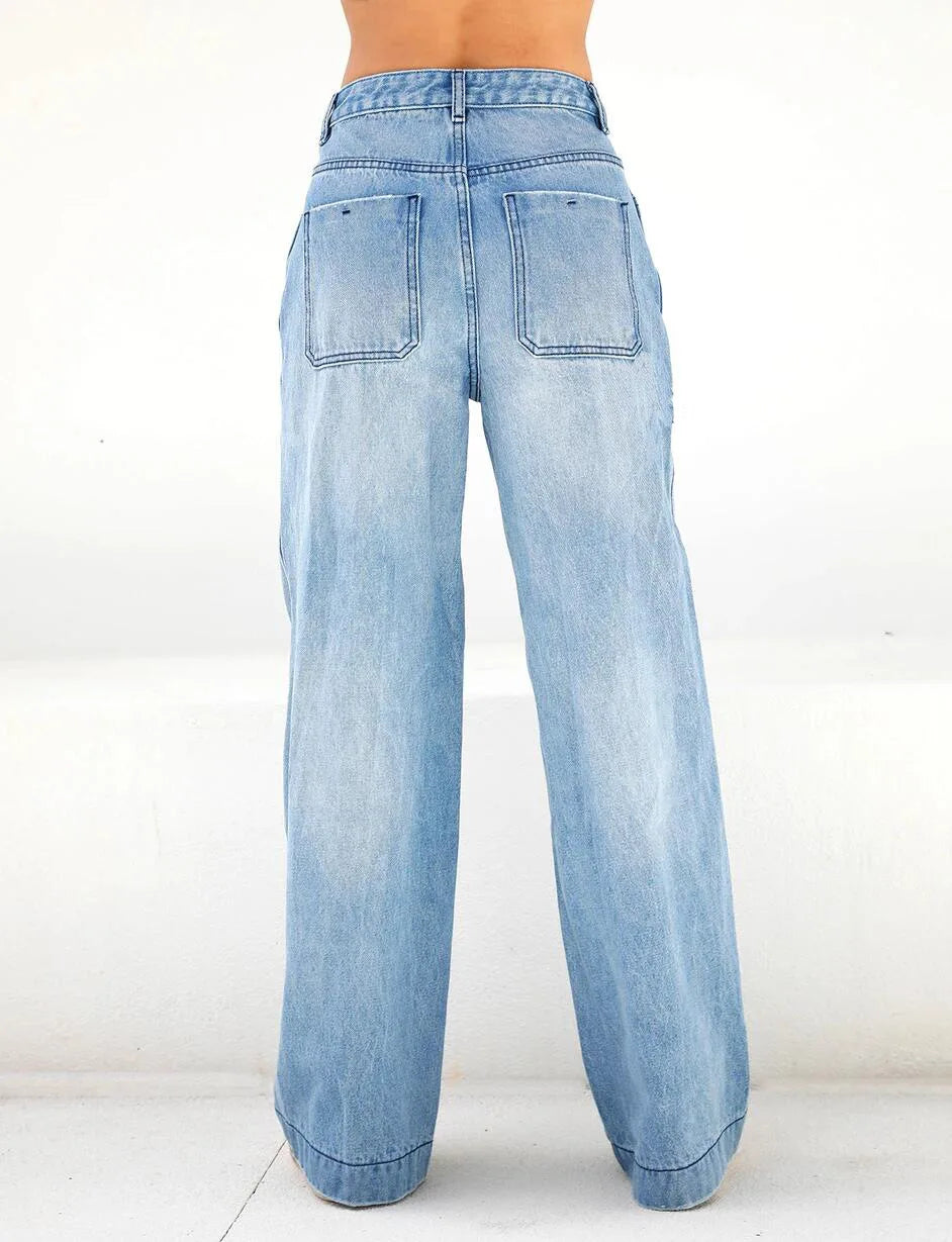 Women Jeans Wide Leg Pants Denim Pockets Streetwear Loose High Waist Full Length Washing Zipper Fly Flat Solid Color 2024 Aviola