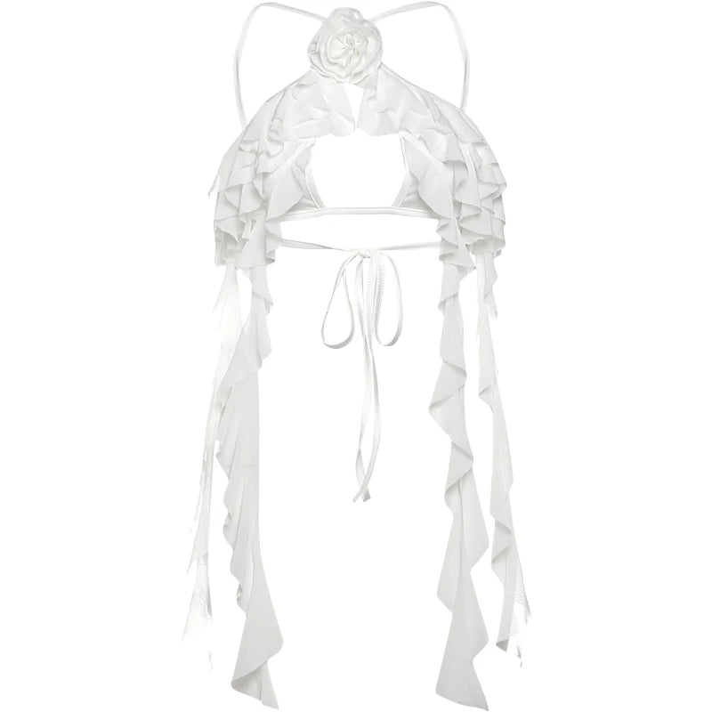 Nibber Tassel Camisole Women Mesh 3d Flowers Tierred Lace-Up Cross Sleeveless Backless Sexy Midnight Summer Coquette Mini Tops Aviola