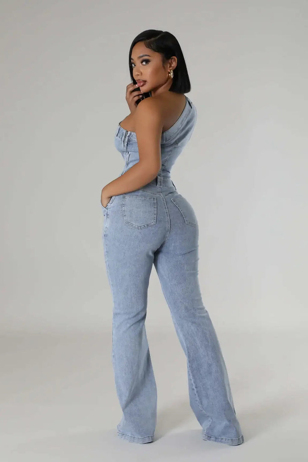 Flare Denim Pants Full Length Women Jeans One Piece Overalls Spliced Solid Jumpsuits Loose Pockets High Waist Basics Washed Aviola