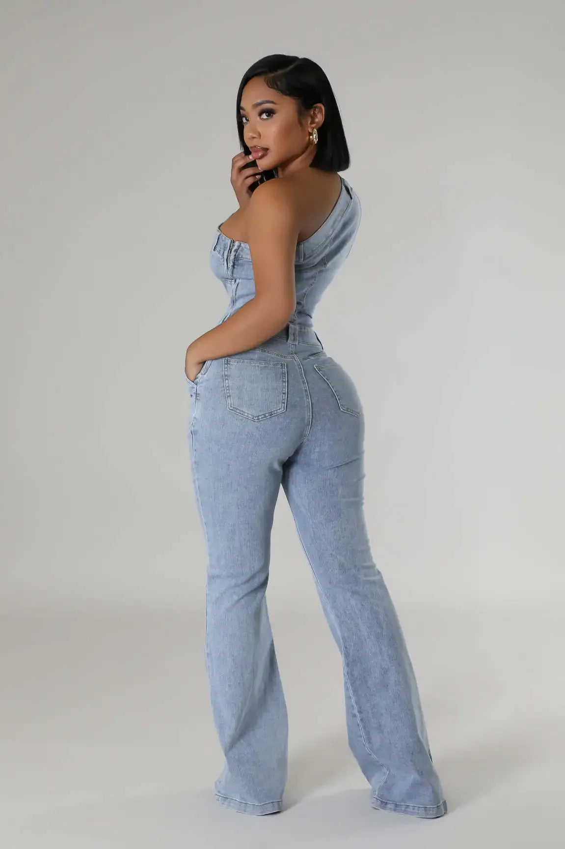 Flare Denim Pants Full Length Women Jeans One Piece Overalls Spliced Solid Jumpsuits Loose Pockets High Waist Basics Washed Aviola