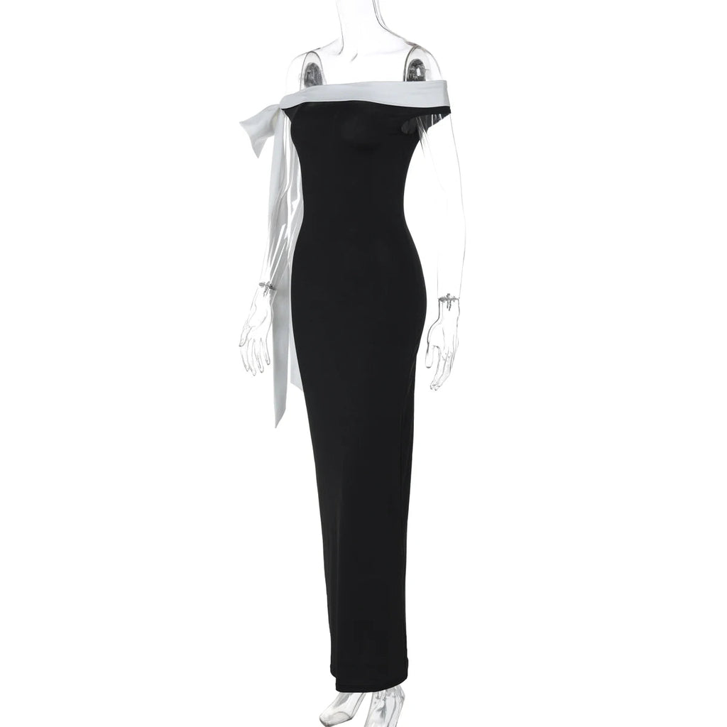 Nibber Black White Patchwork Woman Dress Elegant Bow One Shoulder Sleeveless Frenulum Temperament Skinny Noble Gown Vestidos Aviola