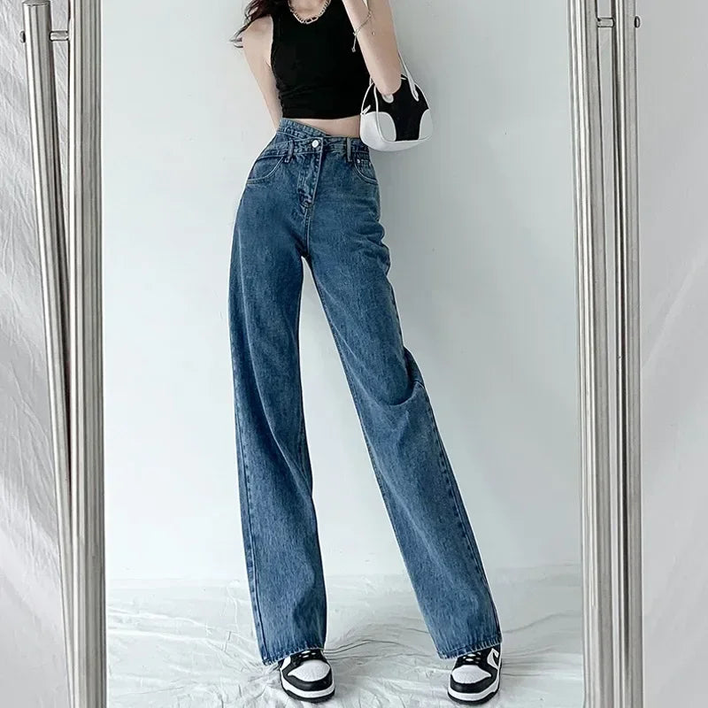 Wide Leg Pants Women Vintage Jeans High Waist Loose Fit Basics Full Length Pockets Button 2025 Casual Denims Straight Trousers Aviola