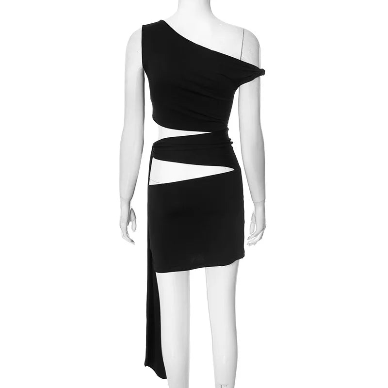 Nibber Irregular Hollow Dress Women Knot Off-The-Shoulder Bandage Biased Collar Sexy Fit Sleeveless Solid Midnight Mini Bodycon Aviola
