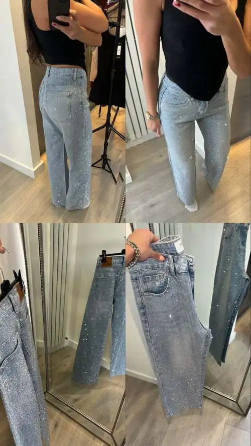 Denim Pant Women Mom Jeans Long Pants Hot Drilling Slim Fit High Waist Straight Trousers Y2k Streetwear Splice Club Party 2025 Aviola