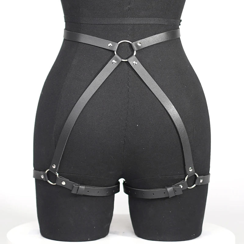 Gothic PU Leather Harness Buttock Garters Sexy Women's Lingerie Set BDSM Body Bondage Leg Harness Fetish Erotic Underwear Sets Aviola