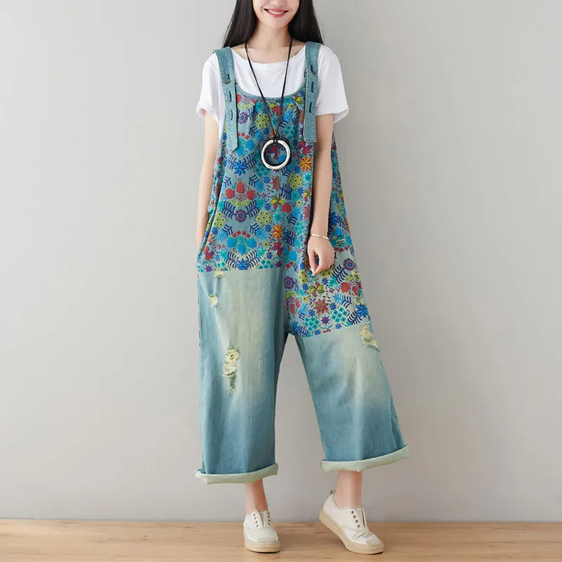 Jean Women Overalls Washed Denim Bleached Wide Leg Pants Hole Ripped Ankle Length Jeans Distressed Pockets Print Casual Aviola